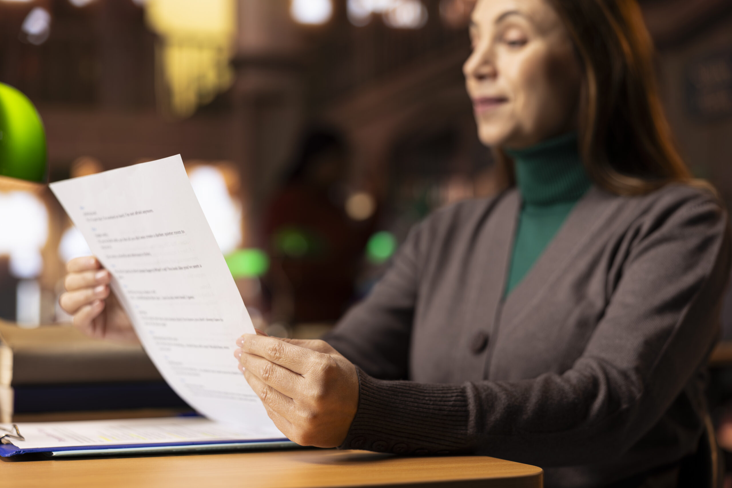 Aged focused woman in a public library studying educational materials and reading, representing preparation required for coursework and school exams. Learning from archived files. Close up.