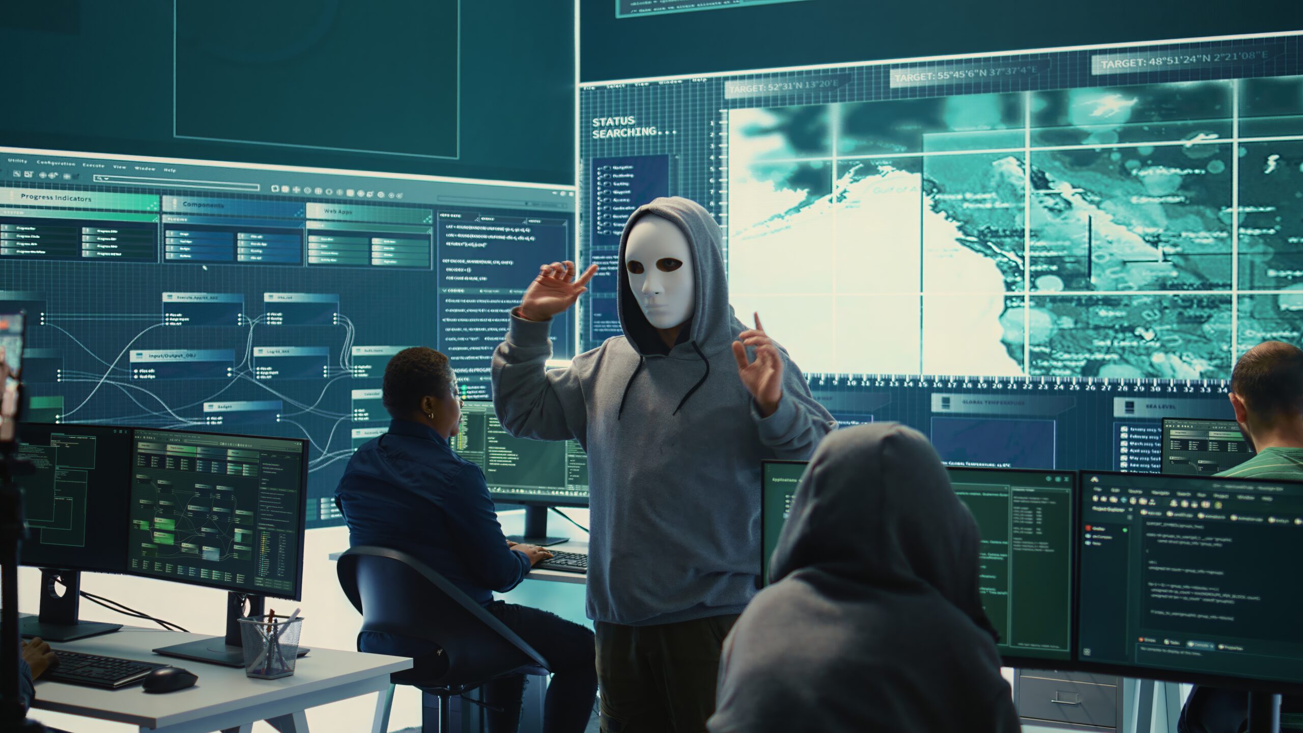 Governmental anonymous hackers group asking ransom for state secrets, important hacking activity during hybrid war. Recording a video after stealing top secret information, big screen. Camera B.