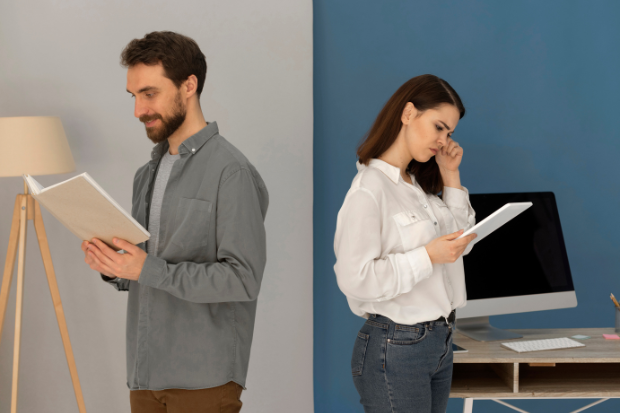 Back to back man with book and woman with tablet.